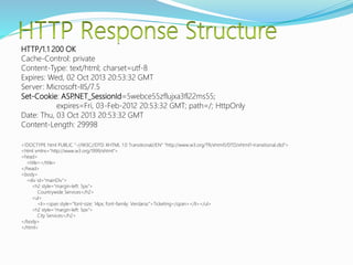 HTTP/1.1 200 OK
Cache-Control: private
Content-Type: text/html; charset=utf-8
Expires: Wed, 02 Oct 2013 20:53:32 GMT
Server: Microsoft-IIS/7.5
Set-Cookie: ASP.NET_SessionId=5webce55zflujxa3fl22ms55;
expires=Fri, 03-Feb-2012 20:53:32 GMT; path=/; HttpOnly
Date: Thu, 03 Oct 2013 20:53:32 GMT
Content-Length: 29998
<!DOCTYPE html PUBLIC "-//W3C//DTD XHTML 1.0 Transitional//EN" "http://www.w3.org/TR/xhtml1/DTD/xhtml1-transitional.dtd">
<html xmlns="http://www.w3.org/1999/xhtml">
<head>
<title></title>
</head>
<body>
<div id="mainDiv">
<h2 style="margin-left: 5px">
Countrywide Services</h2>
<ul>
<li><span style="font-size: 14px; font-family: Verdana;">Ticketing</span></li></ul>
<h2 style="margin-left: 5px">
City Services</h2>
</body>
</html>
 