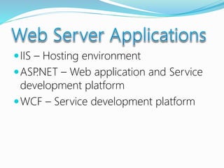 IIS – Hosting environment
ASP.NET – Web application and Service
development platform
WCF – Service development platform
 