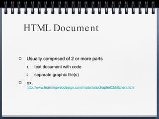 HTML Document Usually comprised of 2 or more parts text document with code separate graphic file(s) ex.  http://www.learningwebdesign.com/materials/chapter02/kitchen.html 
