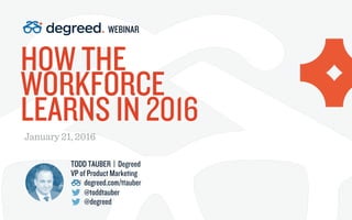 HOW THE
WORKFORCE
LEARNS IN 2016
January 21, 2016
WEBINAR
TODD TAUBER | Degreed
VP of Product Marketing
degreed.com/ttauber
@toddtauber
@degreed
 