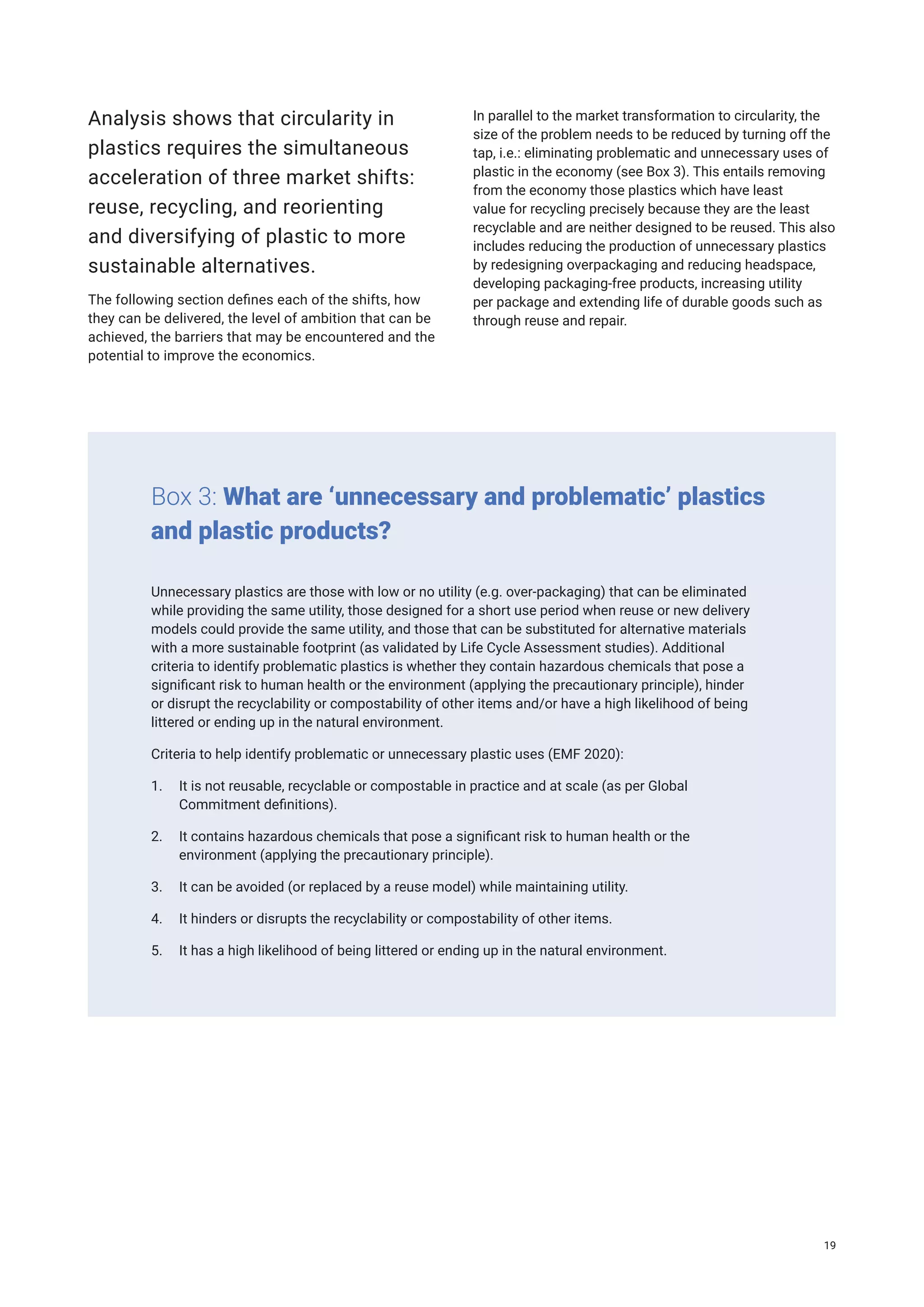 Analysis shows that circularity in
plastics requires the simultaneous
acceleration of three market shifts:
reuse, recycling, and reorienting
and diversifying of plastic to more
sustainable alternatives.
The following section defines each of the shifts, how
they can be delivered, the level of ambition that can be
achieved, the barriers that may be encountered and the
potential to improve the economics.
Unnecessary plastics are those with low or no utility (e.g. over-packaging) that can be eliminated
while providing the same utility, those designed for a short use period when reuse or new delivery
models could provide the same utility, and those that can be substituted for alternative materials
with a more sustainable footprint (as validated by Life Cycle Assessment studies). Additional
criteria to identify problematic plastics is whether they contain hazardous chemicals that pose a
significant risk to human health or the environment (applying the precautionary principle), hinder
or disrupt the recyclability or compostability of other items and/or have a high likelihood of being
littered or ending up in the natural environment.
Criteria to help identify problematic or unnecessary plastic uses (EMF 2020):
1. It is not reusable, recyclable or compostable in practice and at scale (as per Global
Commitment definitions).
2. It contains hazardous chemicals that pose a significant risk to human health or the
environment (applying the precautionary principle).
3. It can be avoided (or replaced by a reuse model) while maintaining utility.
4. It hinders or disrupts the recyclability or compostability of other items.
5. It has a high likelihood of being littered or ending up in the natural environment.
Box 3: What are ‘unnecessary and problematic’ plastics
and plastic products?
In parallel to the market transformation to circularity, the
size of the problem needs to be reduced by turning off the
tap, i.e.: eliminating problematic and unnecessary uses of
plastic in the economy (see Box 3). This entails removing
from the economy those plastics which have least
value for recycling precisely because they are the least
recyclable and are neither designed to be reused. This also
includes reducing the production of unnecessary plastics
by redesigning overpackaging and reducing headspace,
developing packaging-free products, increasing utility
per package and extending life of durable goods such as
through reuse and repair.
19
 