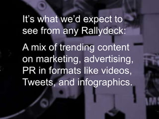 It’s what we’d expect to
see from any Rallydeck:
A mix of trending content
on marketing, advertising,
PR in formats like videos,
Tweets, and infographics.
 