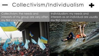 Collectivism/Individualism
Individualism: my needs and
interests as an individual are usually
my first concern.
Collectivism: the needs and
interests of my group are very often
my first concern.
 