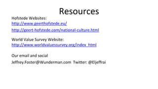 Resources
Hofstede Websites:
http://www.geerthofstede.eu/
http://geert-hofstede.com/national-culture.html
World Value Survey Website:
http://www.worldvaluessurvey.org/index_html
Our email and social
Jeffrey.Foster@Wunderman.com Twitter: @Eljeffrai
 