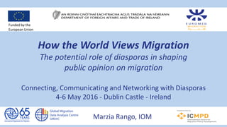 How the World Views Migration
The potential role of diasporas in shaping
public opinion on migration
Connecting, Communicating and Networking with Diasporas
4-6 May 2016 - Dublin Castle - Ireland
Marzia Rango, IOM
Funded by the
European Union
 