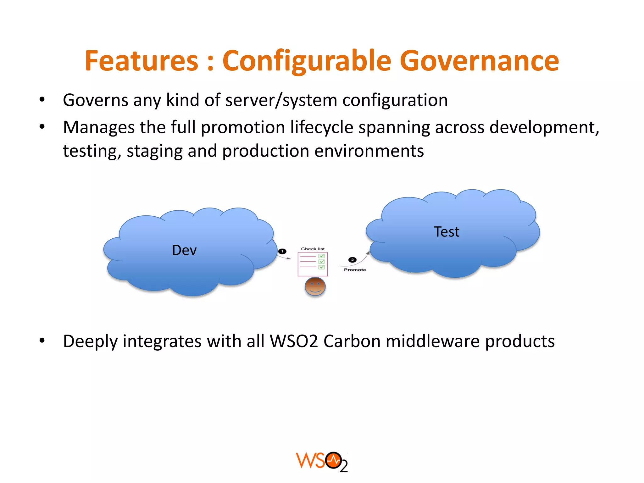 Features : Configurable Governance
• Governs any kind of server/system configuration
• Manages the full promotion lifecycle spanning across development,
  testing, staging and production environments



                                               Test
               Dev




• Deeply integrates with all WSO2 Carbon middleware products
 