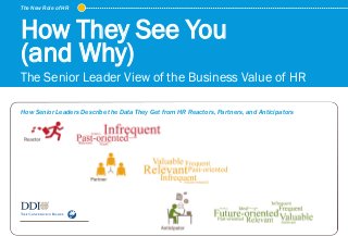 The New Role of HR
© Development Dimensions International, Inc. 2015. All rights reserved.
How They See You
(and Why)
The Senior Leader View of the Business Value of HR
How Senior Leaders Describe the Data They Get from HR Reactors, Partners, and Anticipators
 