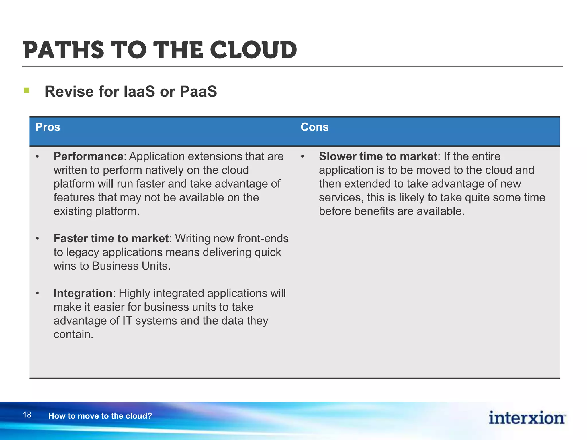 PATHS TO THE CLOUD
 Revise for IaaS or PaaS
18 How to move to the cloud?
Pros Cons
• Performance: Application extensions that are
written to perform natively on the cloud
platform will run faster and take advantage of
features that may not be available on the
existing platform.
• Faster time to market: Writing new front-ends
to legacy applications means delivering quick
wins to Business Units.
• Integration: Highly integrated applications will
make it easier for business units to take
advantage of IT systems and the data they
contain.
• Slower time to market: If the entire
application is to be moved to the cloud and
then extended to take advantage of new
services, this is likely to take quite some time
before benefits are available.
 
