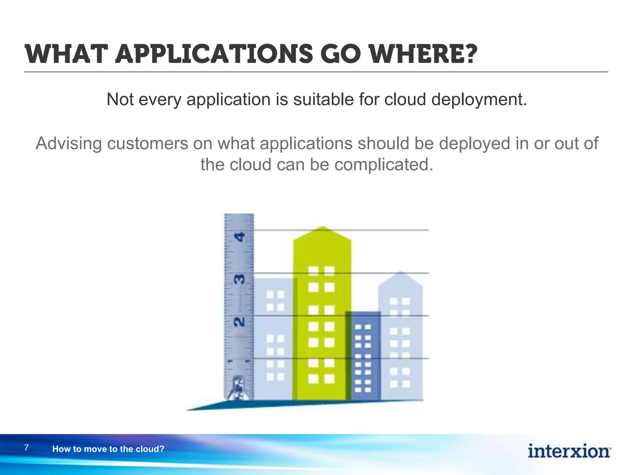 WHAT APPLICATIONS GO WHERE?
Not every application is suitable for cloud deployment.
Advising customers on what applications should be deployed in or out of
the cloud can be complicated.
7 How to move to the cloud?
 