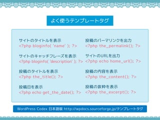 褯ʹƥץ`ȥ
WordPress Codex ձZ http://wpdocs.sourceforge.jp/ƥץ`ȥ
ȤΥȥʾ
<?php bloginfo( 'name' ); ?>
ȤΥåե`ʾ
<?php bloginfo( 'description' ); ?>
ͶΥȥʾ
<?php the_title(); ?>
Ͷդʾ
<?php echo get_the_date(); ?>
ͶΥѩ`ޥ󥯤
<?php the_permalink(); ?>
ȤURL
<?php echo home_url(); ?>
Ͷݤʾ
<?php the_content(); ?>
ͶΒiʾ
<?php the_excerpt(); ?>
 