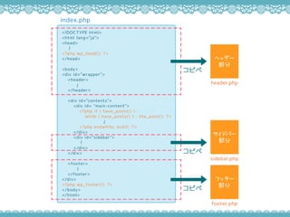 index.php
<!DOCTYPE html>
<html lang="ja">
<head>
<?php wp_head(); ?>
</head>
<body>
<div id="wrapper">
<header>
</header>
<div id="contents">
<div id= "main-content">
<?php if ( have_posts() ) :
while ( have_posts() ) : the_post(); ?>
<?php endwhile; endif; ?>
</div>
<div id="sidebar">
</div>
</div>
<footer>
</footer>
</div>
<?php wp_footer(); ?>
</body>
</html>
?
?
?
?
?
sidebar.php
ɥЩ`

ԥ
footer.php
եå`
֥ԥ
header.php
إå`

ԥ
 