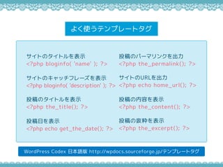 よく使うテンプレートタグ
WordPress Codex 日本語版 http://wpdocs.sourceforge.jp/テンプレートタグ
サイトのタイトルを表示
<?php bloginfo( 'name' ); ?>
サイトのキャッチフ...
