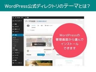 WordPressの
管理画面から選んで
インストール
できます
WordPress公式ディレクトリのテーマとは？
 