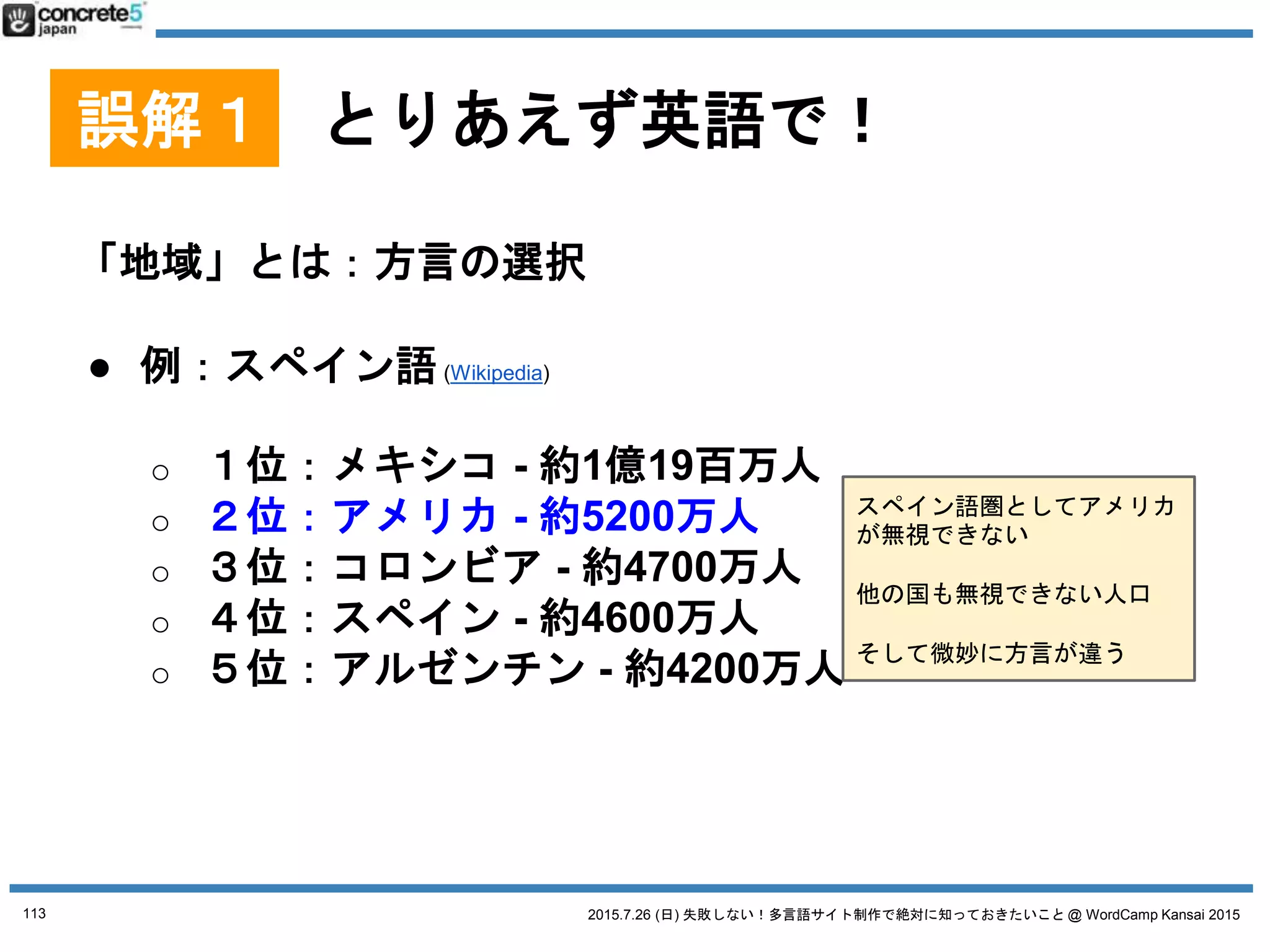 2015.7.26 (日) 失敗しない！多言語サイト制作で絶対に知っておきたいこと @ WordCamp Kansai 2015
とにかく
詳細ターゲットの設定
が必要
113
 