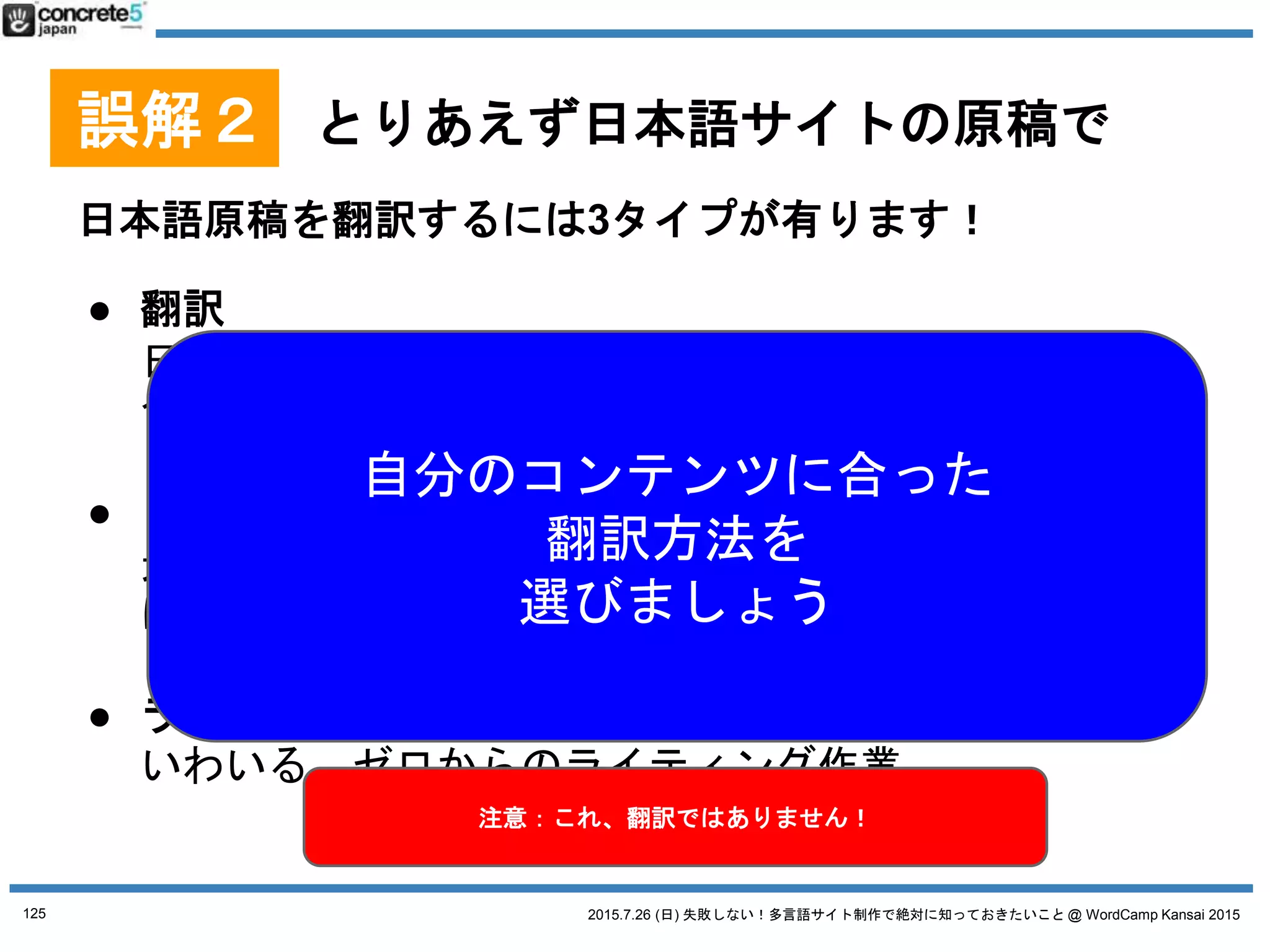 2015.7.26 (日) 失敗しない！多言語サイト制作で絶対に知っておきたいこと @ WordCamp Kansai 2015
誤解３
とりあえず、WordPress
多言語プラグインで
多言語プラグインそもそも必要？
125
 