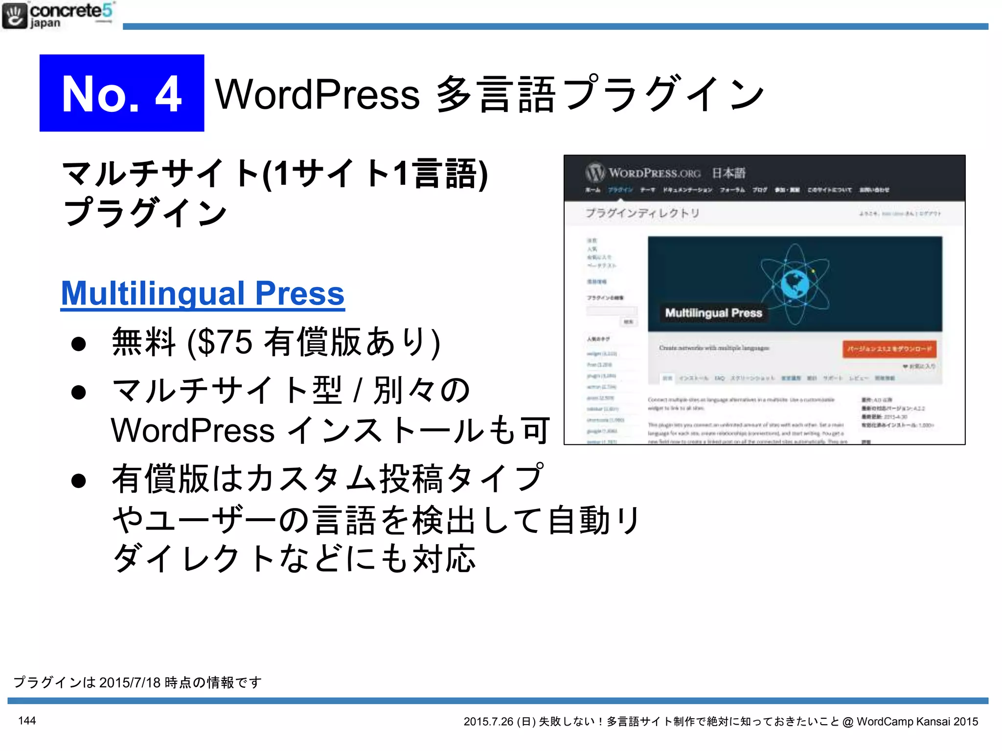 2015.7.26 (日) 失敗しない！多言語サイト制作で絶対に知っておきたいこと @ WordCamp Kansai 2015
1言語1記事方式
Bogo
● 無料
● 1投稿1言語型
● Contact Form 7 の三好さんが
作者
● WordPress に元々ある多言語機能を有効活用
● シンプルなサイトを作る人向け
● WordPress テーマの仕組みがわかっている人向け
144
No. 4 WordPress 多言語プラグイン
プラグインは 2015/7/18 時点の情報です
こんな人に向いてます
● function.php をバリバリいじれるエンジニア
● スマートな多言語サイトを実現したい
● プラグイン・テーマを WPML に合わせる
(振り回される)のが面倒くさい
 
