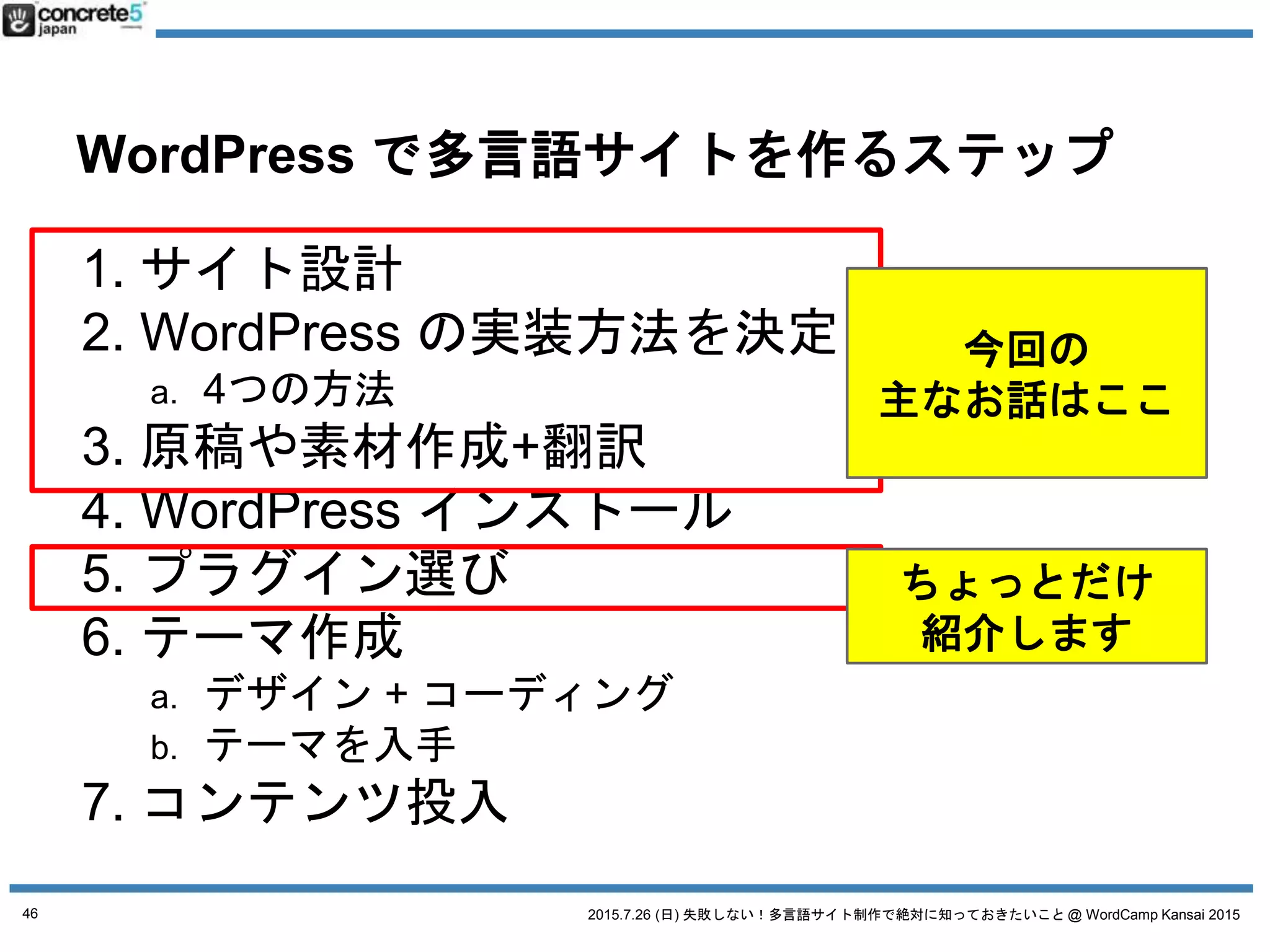 2015.7.26 (日) 失敗しない！多言語サイト制作で絶対に知っておきたいこと @ WordCamp Kansai 2015
だから
1つのサイトを多言語化！
デザイン・コンテンツを再利用
コスト削減・ブランド統一
46
 