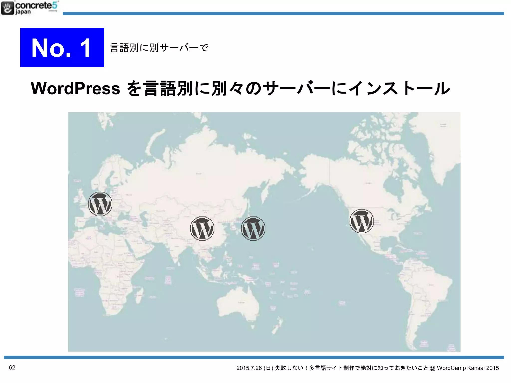 2015.7.26 (日) 失敗しない！多言語サイト制作で絶対に知っておきたいこと @ WordCamp Kansai 2015
規模が大きくなったら + CDN 使い分散発信を行う
62
No. 2 マルチサイト運用
 