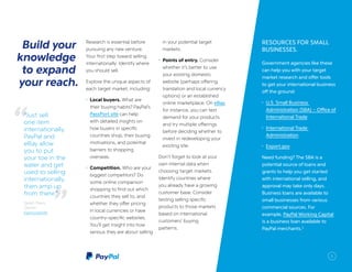 5
Build relationships
first, then create a
sales channel.
RESOURCES FOR SMALL
BUSINESSES.
Government agencies like these
can help you with your target
market research and offer tools
to get your international business
off the ground:
•	 U.S. Small Business
Administration (SBA) – Office of
International Trade
•	 International Trade
Administration
•	 Export.gov
Need funding? The SBA is a
potential source of loans and
grants to help you get started
with international selling, and
approval may take only days.
Business loans are available to
small businesses from various
commercial sources. For
example, PayPal Working Capital
is a business loan available to
PayPal merchants.2
Build your
knowledge
to expand
your reach.
Research is essential before
pursuing any new venture.
Your first step toward selling
internationally: Identify where
you should sell.
Explore the unique aspects of
each target market, including:
•	 Local buyers. What are
their buying habits? PayPal’s
PassPort site can help
with detailed insights on
how buyers in specific
countries shop, their buying
motivations, and potential
barriers to shopping
overseas.
•	 Competition. Who are your
biggest competitors? Do
some online comparison
shopping to find out which
countries they sell to, and
whether they offer pricing
in local currencies or have
country-specific websites.
You’ll get insight into how
serious they are about selling
in your potential target
markets.
•	 Points of entry. Consider
whether it’s better to use
your existing domestic
website (perhaps offering
translation and local currency
options) or an established
online marketplace. On eBay,
for instance, you can test
demand for your products
and try multiple offerings
before deciding whether to
invest in redeveloping your
existing site.
Don’t forget to look at your
own internal data when
choosing target markets.
Identify countries where
you already have a growing
customer base. Consider
testing selling specific
products to those markets
based on international
customers’ buying
patterns.
“Just sell
one item
internationally.
PayPal and
eBay allow
you to put
your toe in the
water and get
used to selling
internationally,
then amp up
from there.”
Sarah Davis
Owner
Fashionphile
5
 