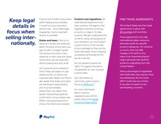 FREE TRADE AGREEMENTS.
The United States has free trade
agreements in place with
20 countries and counting.
These agreements can help
international sellers reduce or
eliminate tariffs for specific
product categories. For instance,
a country that normally
charges a 5% tariff on the
value of an imported product
might eliminate that tariff for
products originating from the
United States.6
Taking advantage of negotiated
free trade rates may require more
recordkeeping. But the extra
effort could save you money
if you plan to export to any
participating countries.
Keep legal
details in
focus when
selling inter-
nationally.
If you’re not mindful of local laws
when trading across borders,
it could hurt your business’s
bottom line – and create legal
headaches. Some important
factors to consider:
Duties and taxes. Find out in
advance if duties and taxes will
affect the price of any items you
plan to sell in a target market.
The amount of a duty, if any,
depends on item type and value.
Some items can be imported
without paying any duty at all.
Let customers know ahead of
time if they can expect to pay
additional tax, so they’re not
surprised later. Make sure they’re
also aware that duties and taxes
are the buyer’s responsibility,
and must be handled
before they can collect their
goods. Requesting signature
confirmation on purchases over
$200 is also good practice to
ensure that items are received.
Customs and regulations. All
international shipments must
clear customs, the agency that
regulates shipments entering
a country or region. To help
customs officials understand the
contents, value, and purpose of
your shipment, you must attach
customs forms to the outside
of your package so they can be
examined easily. Some shipping
companies will handle this for
you as a service.
Do not declare contents as
“gifts.” It’s against the law to
misrepresent an item to avoid
customs fees.
Get information on
commonly used customs
forms at USPS.com.5
For more information
about customs
regulations around the
world, look to the World
Customs Organization.
9
 
