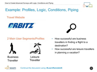 6
Example: Profiles, Logic, Conditions, Piping
Travel Website
2 Main User Segments/Profiles
Business
Traveller
Leisure
Traveller
• How successful are business
travellers in finding a flight to a
destination?
• How successful are leisure travellers
in planning a vacation?
How to Create Advanced Surveys with Logic, Conditions and Piping
Continue the discussion using: #LearnRemoteUX
 