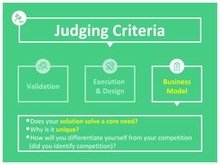 Judging Criteria
•Does your solution solve a core need?
•Why is it unique?
•How will you differentiate yourself from your ...