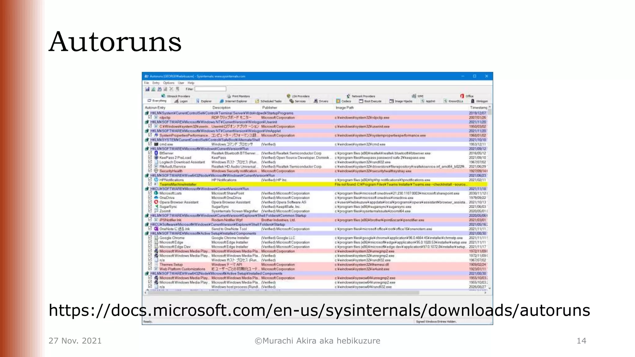 Autoruns
27 Nov. 2021 ©Murachi Akira aka hebikuzure 14
https://docs.microsoft.com/en-us/sysinternals/downloads/autoruns
 