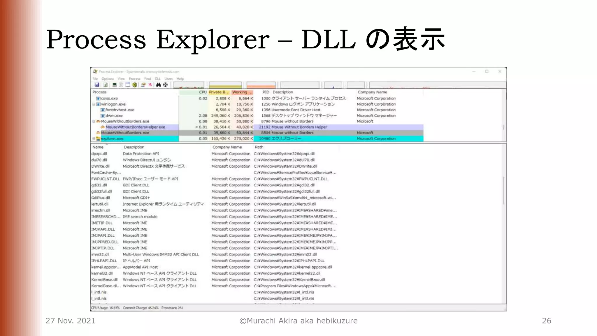 Process Explorer – DLL の表示
27 Nov. 2021 ©Murachi Akira aka hebikuzure 26
 