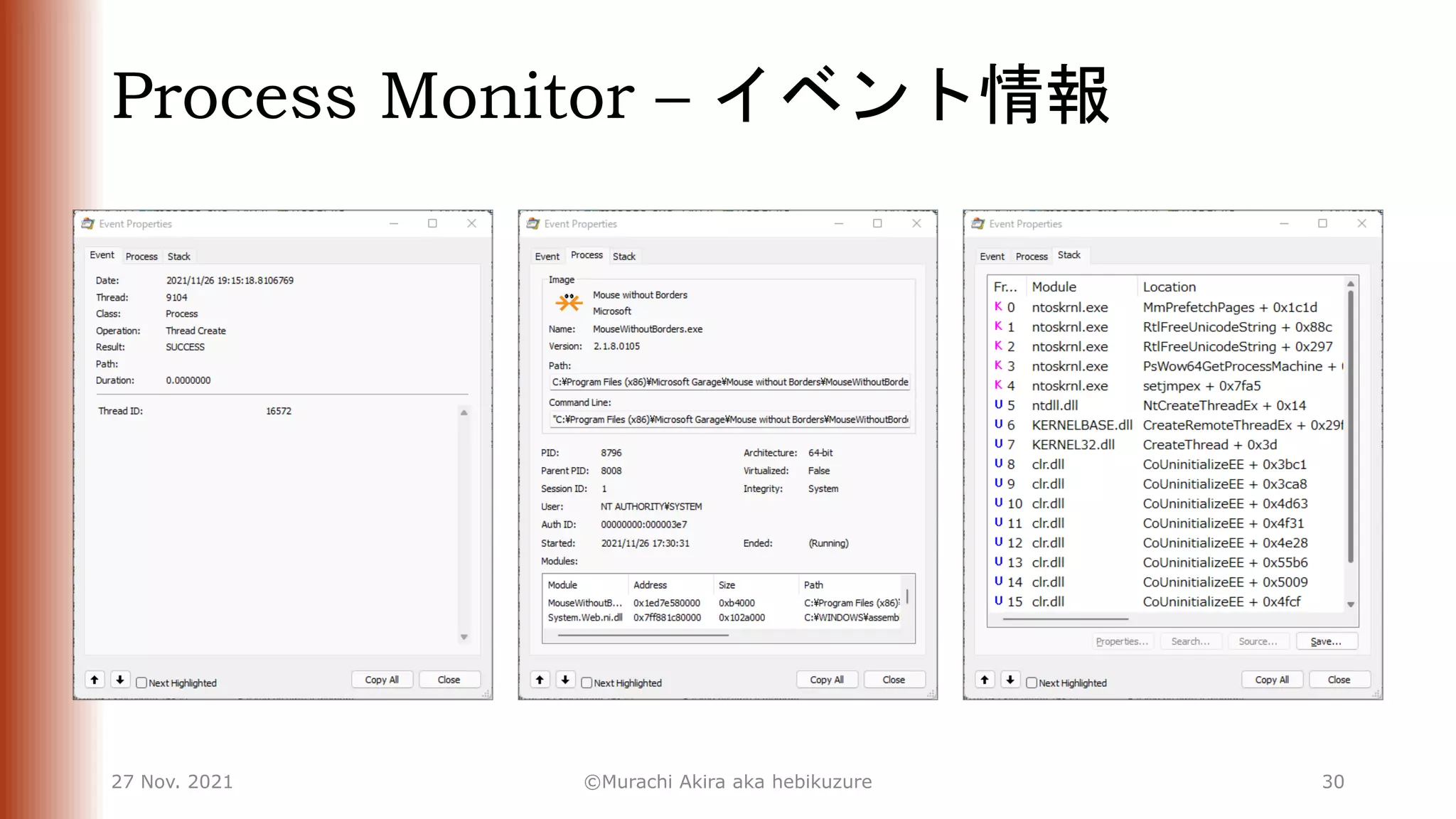 Process Monitor – イベント情報
27 Nov. 2021 ©Murachi Akira aka hebikuzure 30
 