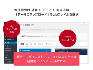 管理画面の 外観 > テーマ > 新規追加
「テーマのアップロード」でzipファイルを選択
今すぐインストール
親テーマがインストールされていないときは
自動的にインストールされる
 