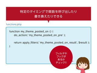 特定のタイミングで関数を呼び出したり
書き換えたりできる
functions.php
function my_theme_posted_on () {
do_action( 'my_theme_posted_on_pre' );
return apply_ﬁlters( 'my_theme_posted_on_result', $result );
}
フィルタやフックがあるかチェック!!
 