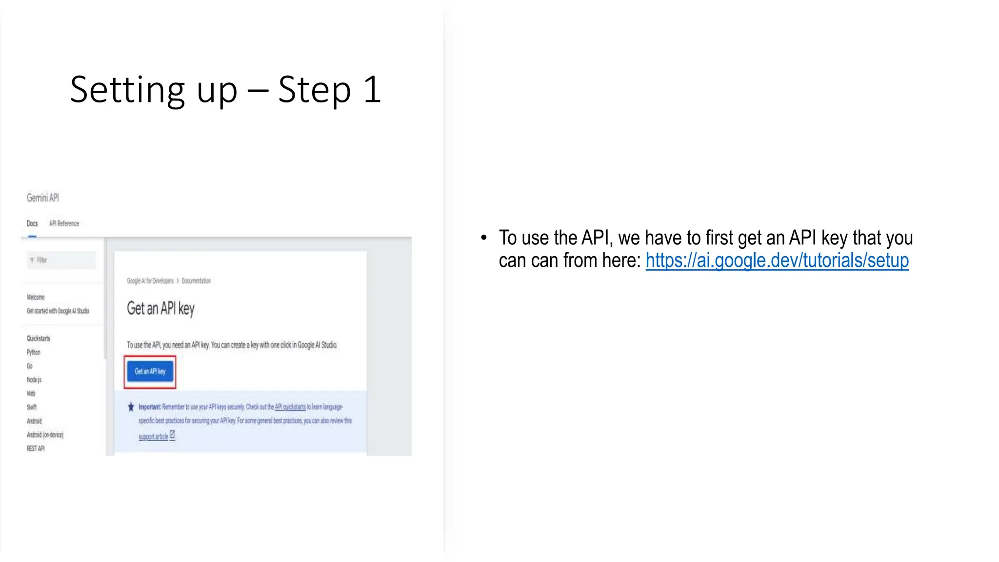 Setting up – Step 1
• To use the API, we have to first get an API key that you
can can from here: https://ai.google.dev/tutorials/setup
 