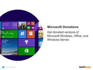 © TechSoup | All rights reserved.17
Microsoft Donations
Get donated versions of
Microsoft Windows, Office, and
Windows Server.
 