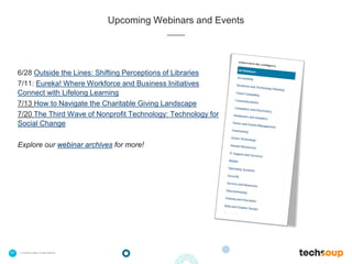 41 . © TechSoup Global | All rights reserved
Upcoming Webinars and Events
6/28 Outside the Lines: Shifting Perceptions of Libraries
7/11: Eureka! Where Workforce and Business Initiatives
Connect with Lifelong Learning
7/13 How to Navigate the Charitable Giving Landscape
7/20 The Third Wave of Nonprofit Technology: Technology for
Social Change
Explore our webinar archives for more!
 