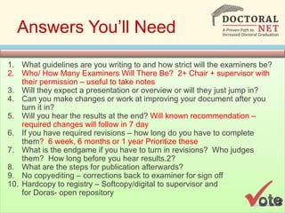 Answers You’ll Need
1. What guidelines are you writing to and how strict will the examiners be?
2. Who/ How Many Examiners Will There Be? 2+ Chair + supervisor with
their permission – useful to take notes
3. Will they expect a presentation or overview or will they just jump in?
4. Can you make changes or work at improving your document after you
turn it in?
5. Will you hear the results at the end? Will known recommendation –
required changes will follow in 7 day
6. If you have required revisions – how long do you have to complete
them? 6 week, 6 months or 1 year Prioritize these
7. What is the endgame if you have to turn in revisions? Who judges
them? How long before you hear results.2?
8. What are the steps for publication afterwards?
9. No copyediting – corrections back to examiner for sign off
10. Hardcopy to registry – Softcopy/digital to supervisor and
for Doras- open repository
 