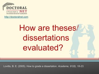 Lovitts, B. E. (2005). How to grade a dissertation. Academe, 91(6), 18-23.
How are theses/
dissertations
evaluated?
http://doctoralnet.com
 