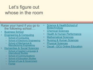 Let’s figure out
whose in the room
Raise your hand if you go to
the following school….
• Business School
• Engineering & Computing
– School of Computing
– School of Electronic Engineering
– School of Mechanical &
Manufacturing Engineering
• Humanities & Social Sciences
– School of Applied Language &
Intercultural Studies
– School of Communications
– School of Education Studies
– School of Law & Government
– Fiontar
• Science & HealthSchool of
Biotechnology
• Chemical Sciences
• Health & Human Performance
• Mathematical Sciences
• Nursing & Human Sciences
• Physical Sciences
• Oscail - DCU Online Education
 