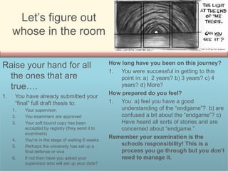 Let’s figure out
whose in the room
Raise your hand for all
the ones that are
true….
1. You have already submitted your
“final” full draft thesis to:
1. Your supervisor,
2. You examiners are approved
3. Your soft bound copy has been
accepted by registry (they send it to
examiners)
4. You’re in the stage of waiting 6 weeks
5. Perhaps the university has set up a
final defense or viva
6. if not then have you asked your
supervisor who will set up your date?
How long have you been on this journey?
1. You were successful in getting to this
point in: a) 2 years? b) 3 years? c) 4
years? d) More?
How prepared do you feel?
1. You: a) feel you have a good
understanding of the “endgame”? b) are
confused a bit about the “endgame”? c)
Have heard all sorts of stories and are
concerned about “endgame.”
Remember your examination is the
schools responsibility! This is a
process you go through but you don’t
need to manage it.
 