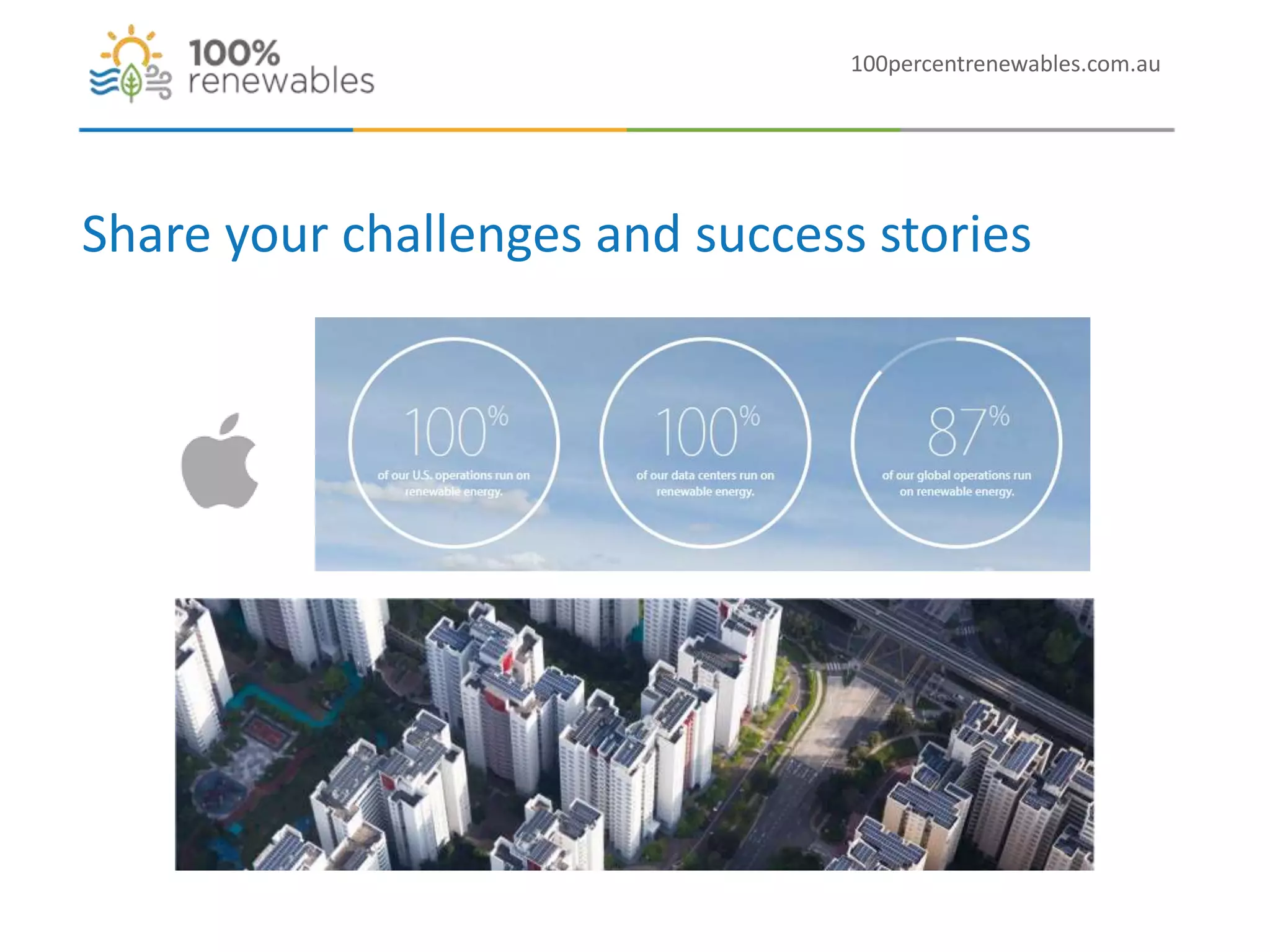 100percentrenewables.com.au
Share your challenges and success stories
 