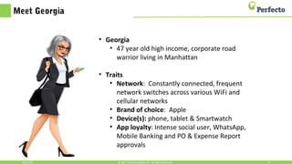 Meet Georgia
10/15/15 8© 2015,Perfecto Mobile Ltd. All Rights Reserved.
• Georgia
• 47 year old high income, corporate road
warrior living in Manhattan
• Traits
• Network: Constantly connected, frequent
network switches across various WiFi and
cellular networks
• Brand of choice: Apple
• Device(s): phone, tablet & Smartwatch
• App loyalty: Intense social user, WhatsApp,
Mobile Banking and PO & Expense Report
approvals
 