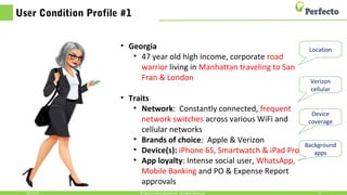 User Condition Profile #1
10/15/15 9© 2015,Perfecto Mobile Ltd. All Rights Reserved.
• Georgia
• 47 year old high income, corporate road
warrior living in Manhattan traveling to San
Fran & London
• Traits
• Network: Constantly connected, frequent
network switches across various WiFi and
cellular networks
• Brands of choice: Apple & Verizon
• Device(s): iPhone 6S, Smartwatch & iPad Pro
• App loyalty: Intense social user, WhatsApp,
Mobile Banking and PO & Expense Report
approvals
Location
Verizon
cellular
Device
coverage
Background
apps
 