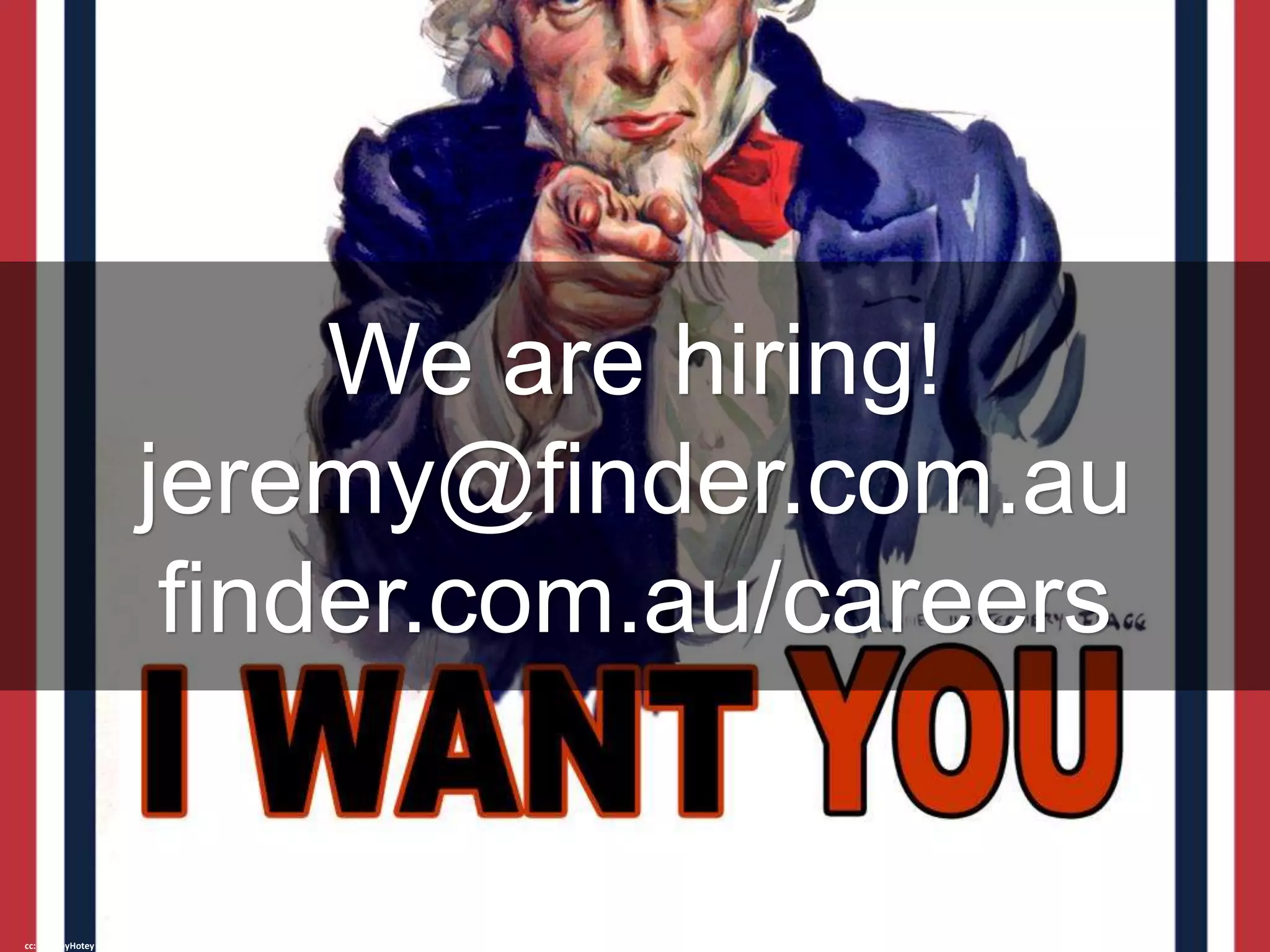 We are hiring!
jeremy@finder.com.au
finder.com.au/careers
cc: DonkeyHotey - https://www.flickr.com/photos/47422005@N04
 