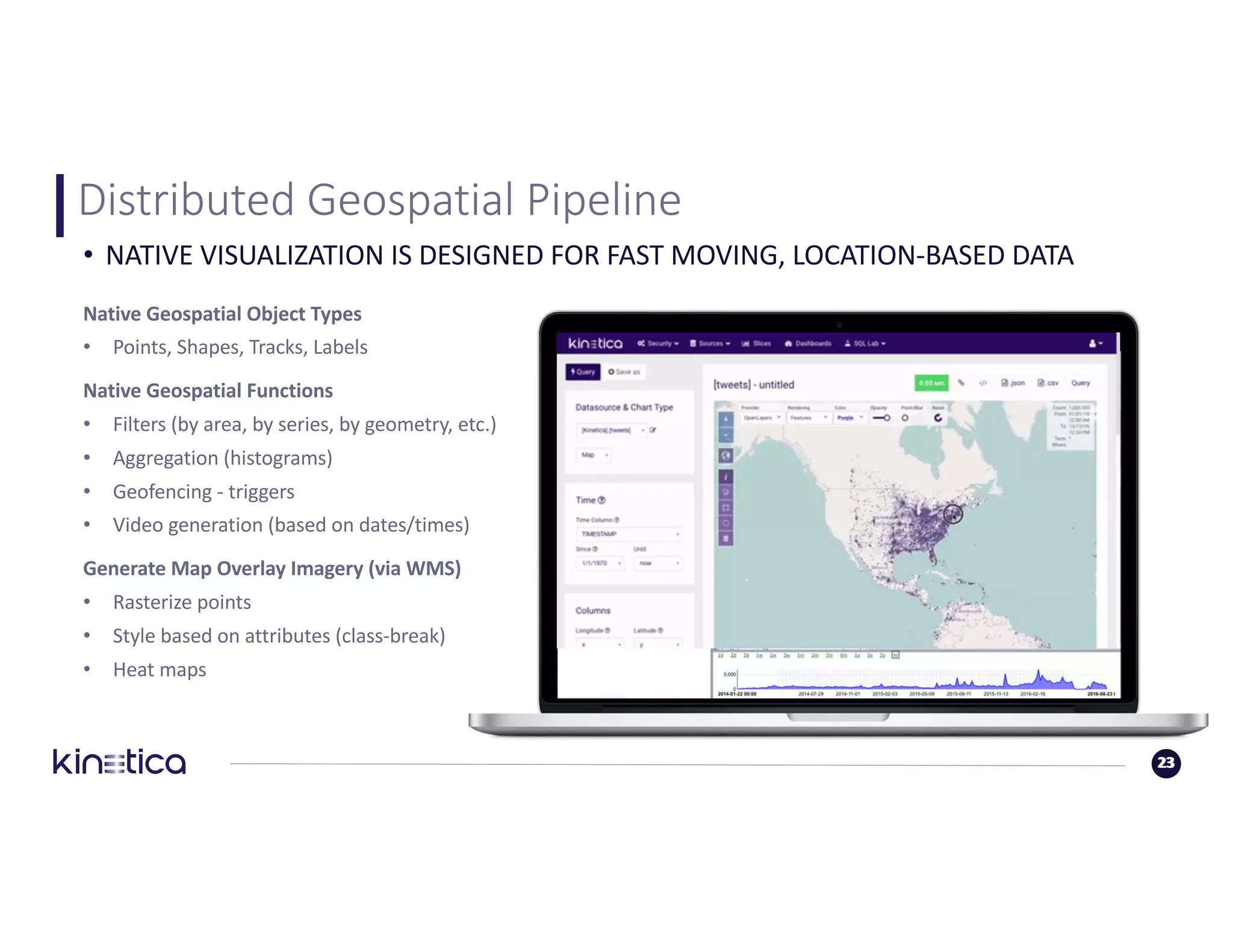 23
Distributed	Geospatial	Pipeline
23
• NATIVE	VISUALIZATION	IS	DESIGNED	FOR	FAST	MOVING,	LOCATION-BASED	DATA
Native	Geospatial	Object	Types
• Points,	Shapes,	Tracks,	Labels
Native	Geospatial	Functions
• Filters	(by	area,	by	series,	by	geometry,	etc.)
• Aggregation	(histograms)		
• Geofencing - triggers
• Video	generation	(based	on	dates/times)
Generate	Map	Overlay	Imagery	(via	WMS)
• Rasterize	points
• Style	based	on	attributes	(class-break)
• Heat	maps
 