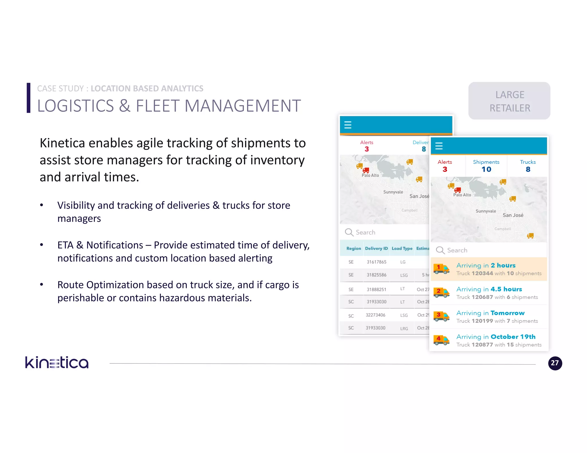 LOGISTICS	&	FLEET	MANAGEMENT	
27
Kinetica	enables	agile	tracking	of	shipments	to	
assist	store	managers	for	tracking	of	inventory	
and	arrival	times.
• Visibility	and	tracking	of	deliveries	&	trucks	for	store	
managers
• ETA	&	Notifications	– Provide	estimated	time	of	delivery,	
notifications	and	custom	location	based	alerting
• Route	Optimization	based	on	truck	size,	and	if	cargo	is	
perishable	or	contains	hazardous	materials.
LARGE
RETAILER
CASE	STUDY	: LOCATION	BASED	ANALYTICS
 
