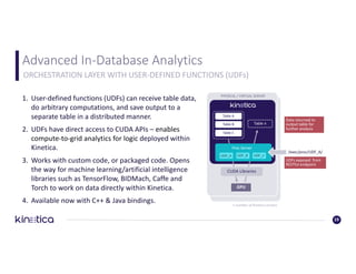 Advanced	In-Database	Analytics
1. User-defined	functions	(UDFs)	can	receive	table	data,	
do	arbitrary	computations,	and	save	output	to	a	
separate	table	in	a	distributed	manner.	
2. UDFs	have	direct	access	to	CUDA	APIs	– enables	
compute-to-grid	analytics	for	logic	deployed	within	
Kinetica.
3. Works	with	custom	code,	or	packaged	code.	Opens	
the	way	for	machine	learning/artificial	intelligence	
libraries	such	as	TensorFlow,	BIDMach,	Caffe and	
Torch to	work	on	data	directly	within	Kinetica.
4. Available	now	with	C++	&	Java	bindings.
19
ORCHESTRATION	LAYER	WITH	USER-DEFINED	FUNCTIONS	(UDFs)				
PHYSICAL	/	VIRTUAL	SERVER
Table	A
Table	n
GPU
UDFs	exposed		from	
RESTful	endpoint
Data	returned	to	
output	table	for	
further	analysis
CUDA	Libraries
n	number	of	Kinetica	servers
Table	B
Table	C
Proc	Server
UDF_A UDF_B UDF_n
/exec/proc/UDF_A/
 