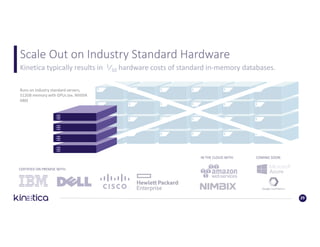 Scale	Out	on	Industry	Standard	Hardware
29
Kinetica	typically	results	in	 1⁄10 hardware	costs	of	standard	in-memory	databases.
IN	THE	CLOUD	WITH:
CERTIFIED	ON	PREMISE	WITH:
Runs	on	industry	standard	servers,	
512GB	memory	with	GPUs	(ex.	NVIDIA	
K80)
COMING	SOON:
 