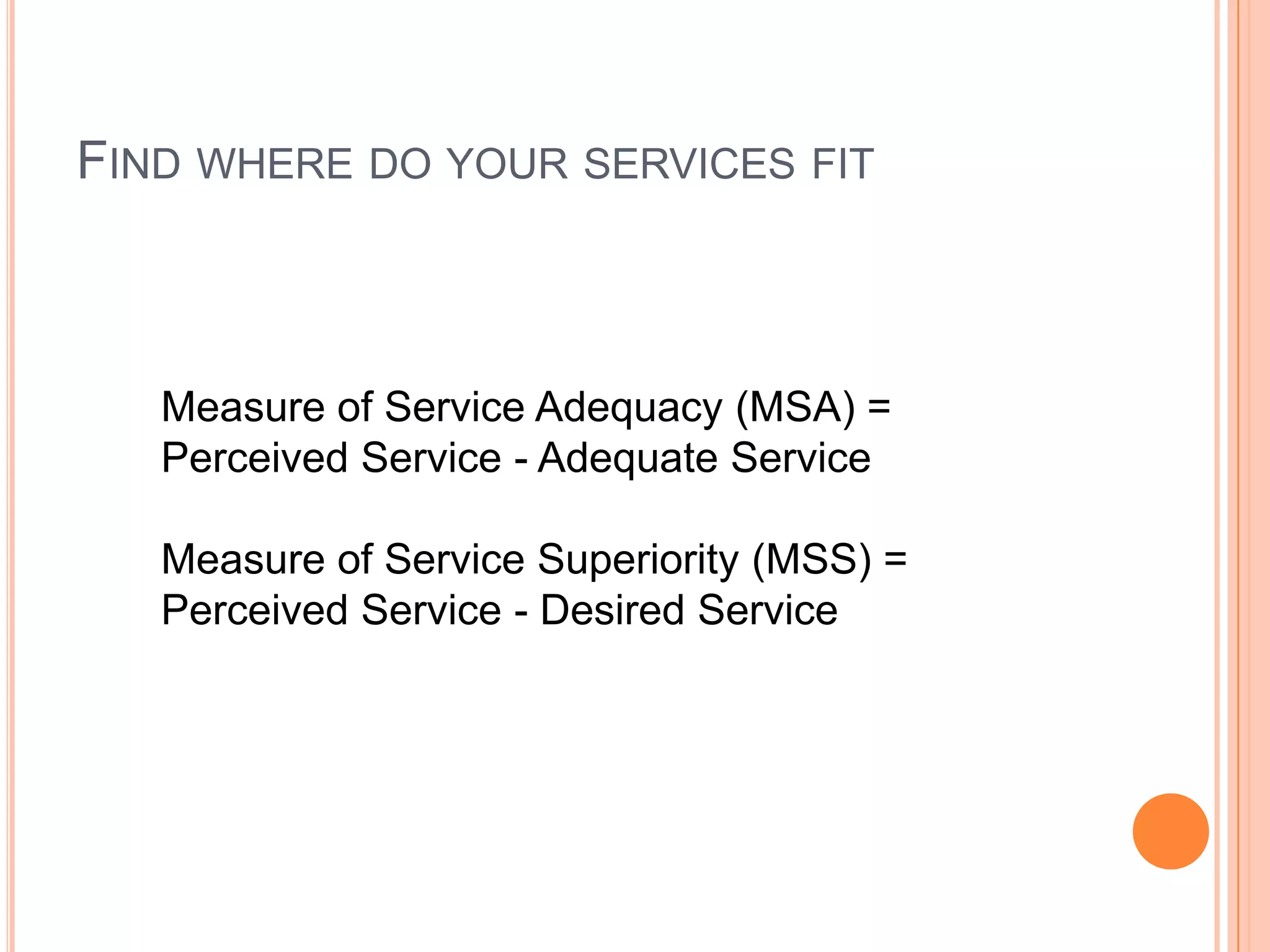 FIND WHERE DO YOUR SERVICES FIT
Measure of Service Adequacy (MSA) =
Perceived Service - Adequate Service
Measure of Service Superiority (MSS) =
Perceived Service - Desired Service
 
