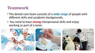 Teamwork
• The dental care team consists of a wide range of people with
different skills and academic backgrounds.
• You need to have strong interpersonal skills and enjoy
working as part of a team.
 