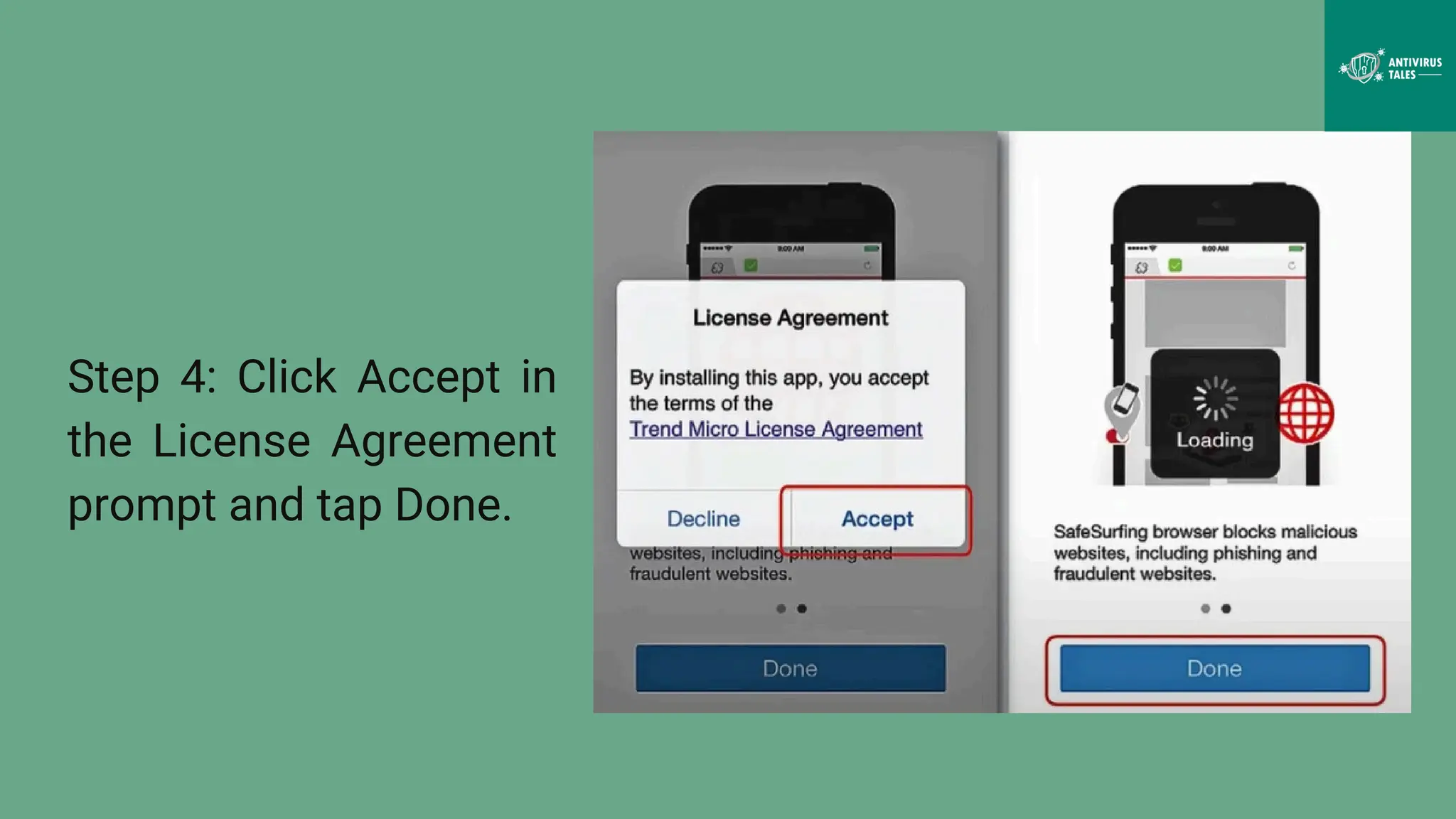 Step 4: Click Accept in
the License Agreement
prompt and tap Done.
 