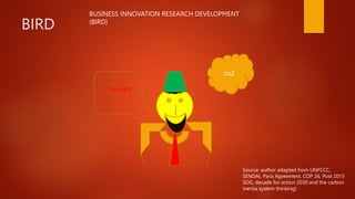 BIRD
THANKS!
BUSINESS INNOVATION RESEARCH DEVELOPMENT
(BIRD)
Source: author adapted from UNFCCC,
SENDAI, Paris Agreement, COP 26, Post 2015
SDG, decade for action 2030 and the carbon
inertia system thinking)
co2
 